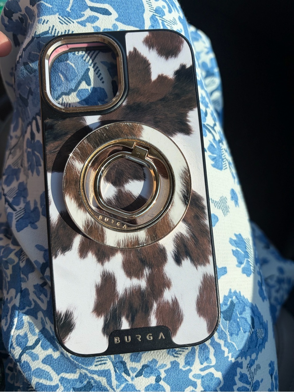 Burga Cowhide Print Phone Case with magnetic Gold Ring iPhone 15